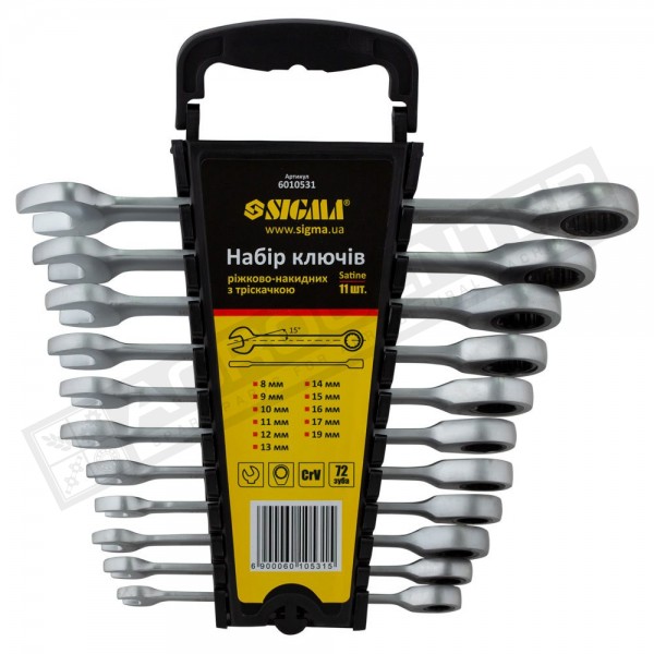 Set of open-end wrenches with ratchet 11pcs (8-17, 19mm) CR-V satine Sigma (6010531) - 1