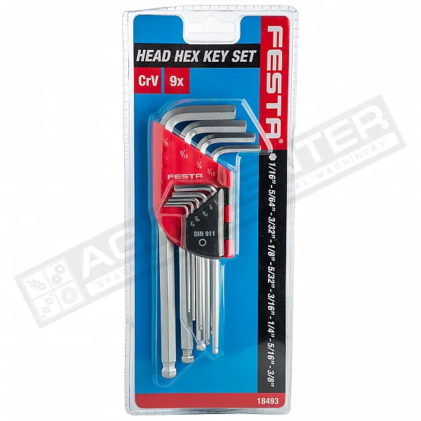 Набор дюймовых шестигранников 1/16 - 3/8" (9 шт) удлиненных, с шариком, CrV, FESTA (Чехія) - 1